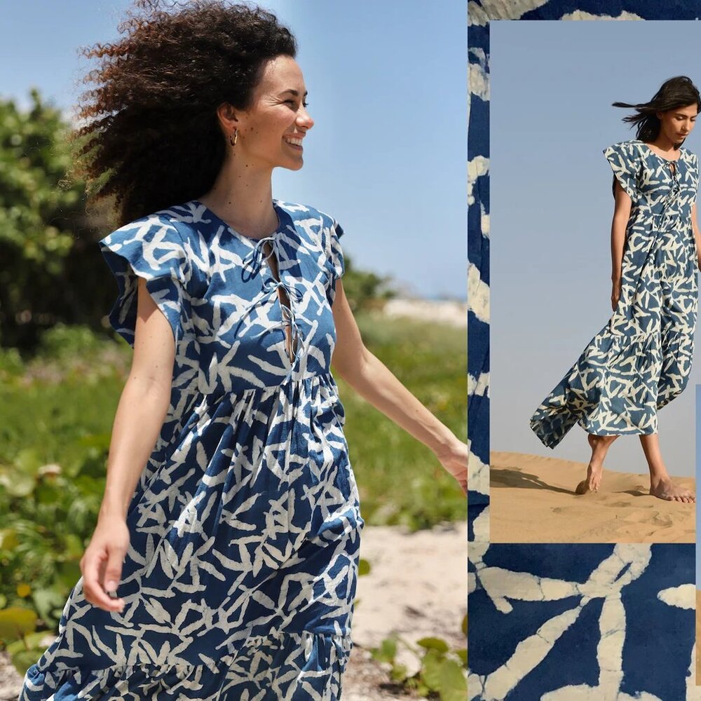 MIRTH Sonoma maxi dress caftan in indigo blue leaf (M)